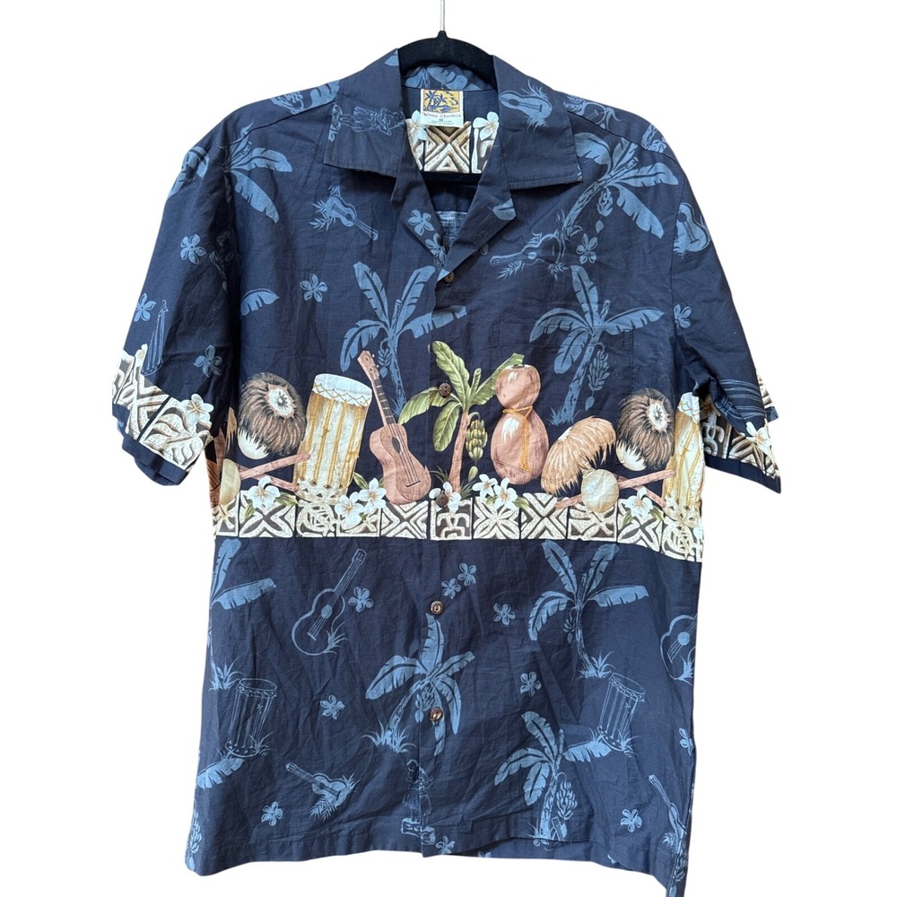 Winnie Fashion Mens Navy Blue Cotton Hawaiian Shirt Musical Instrument Border M